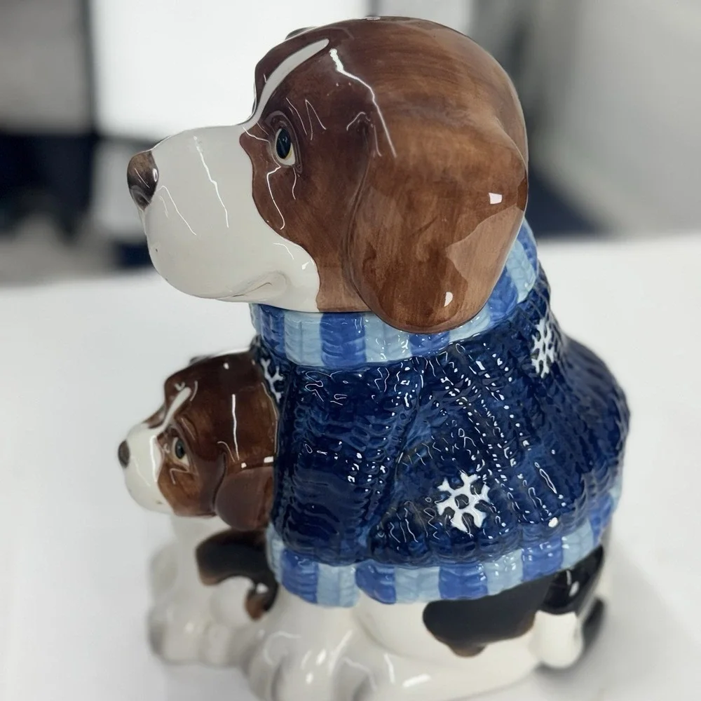 Mercuries Beagle Dog in Blue Knit Sweater With Puppy Ceramic Cookie Jar Vintage